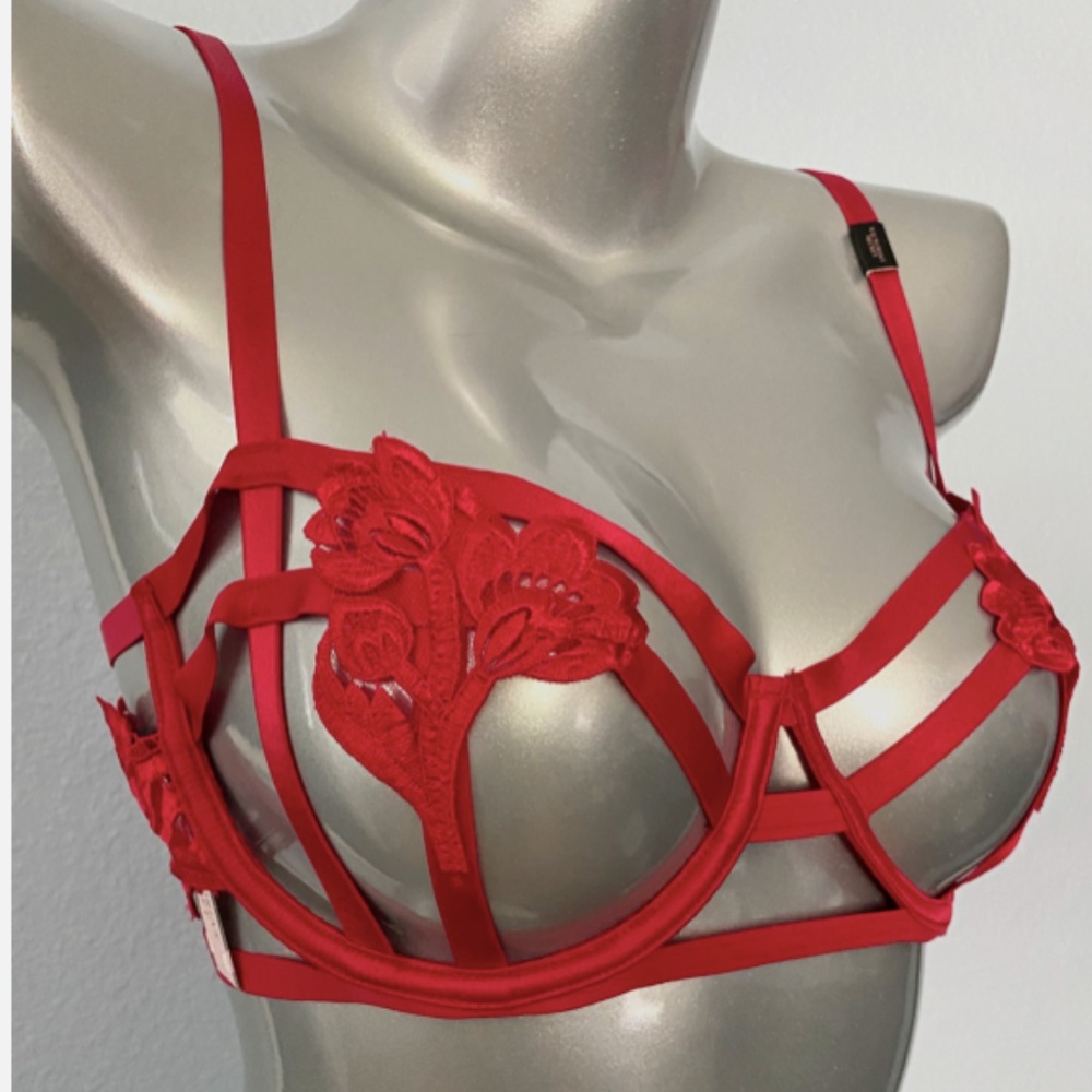 Victorias Secret Very Sexy Strappy Embroidered Open Cup Balconette Red Bra 36C